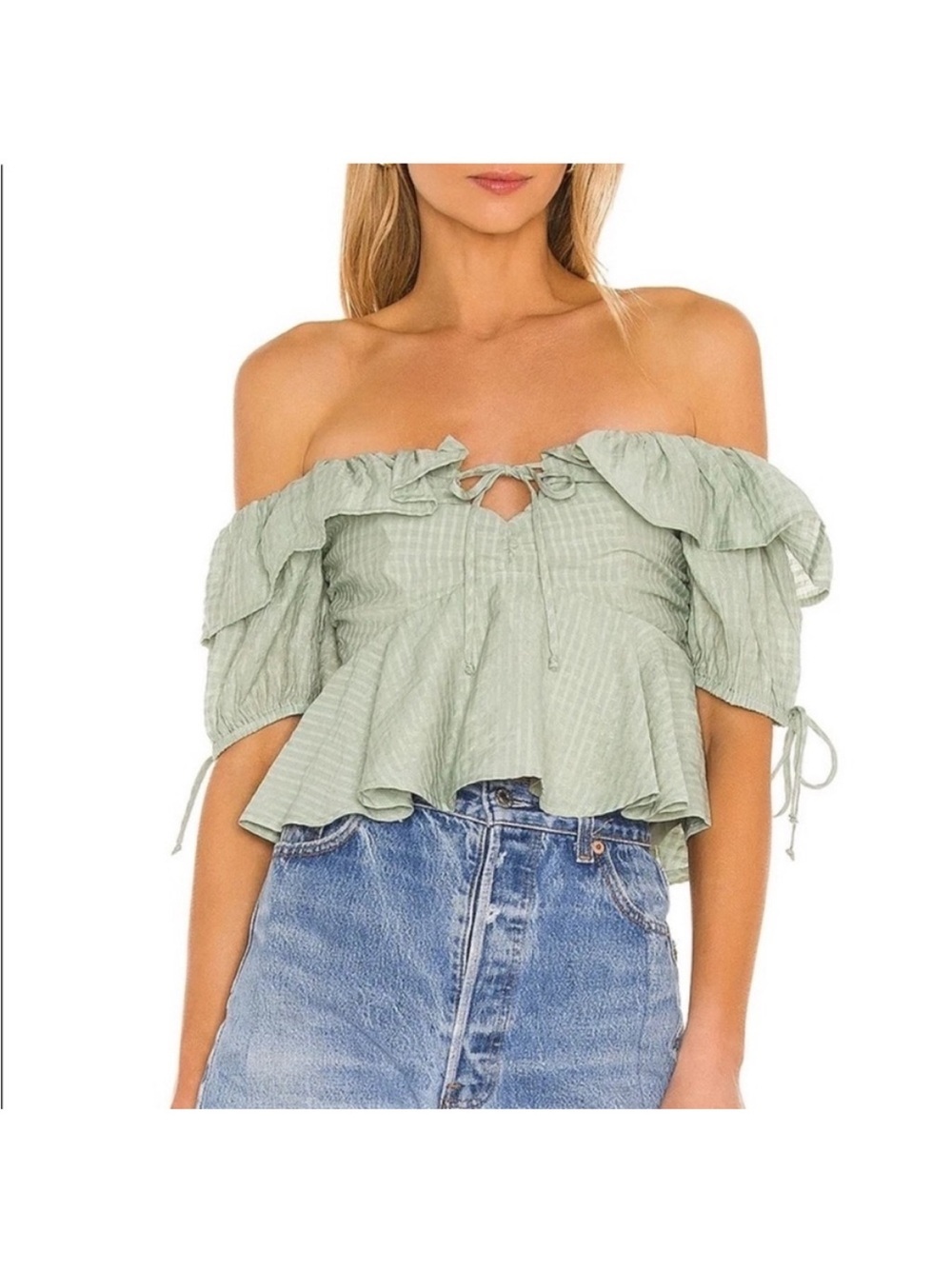 Tularosa Sage Green Off-Shoulder Ruffle Peplum Crop Top